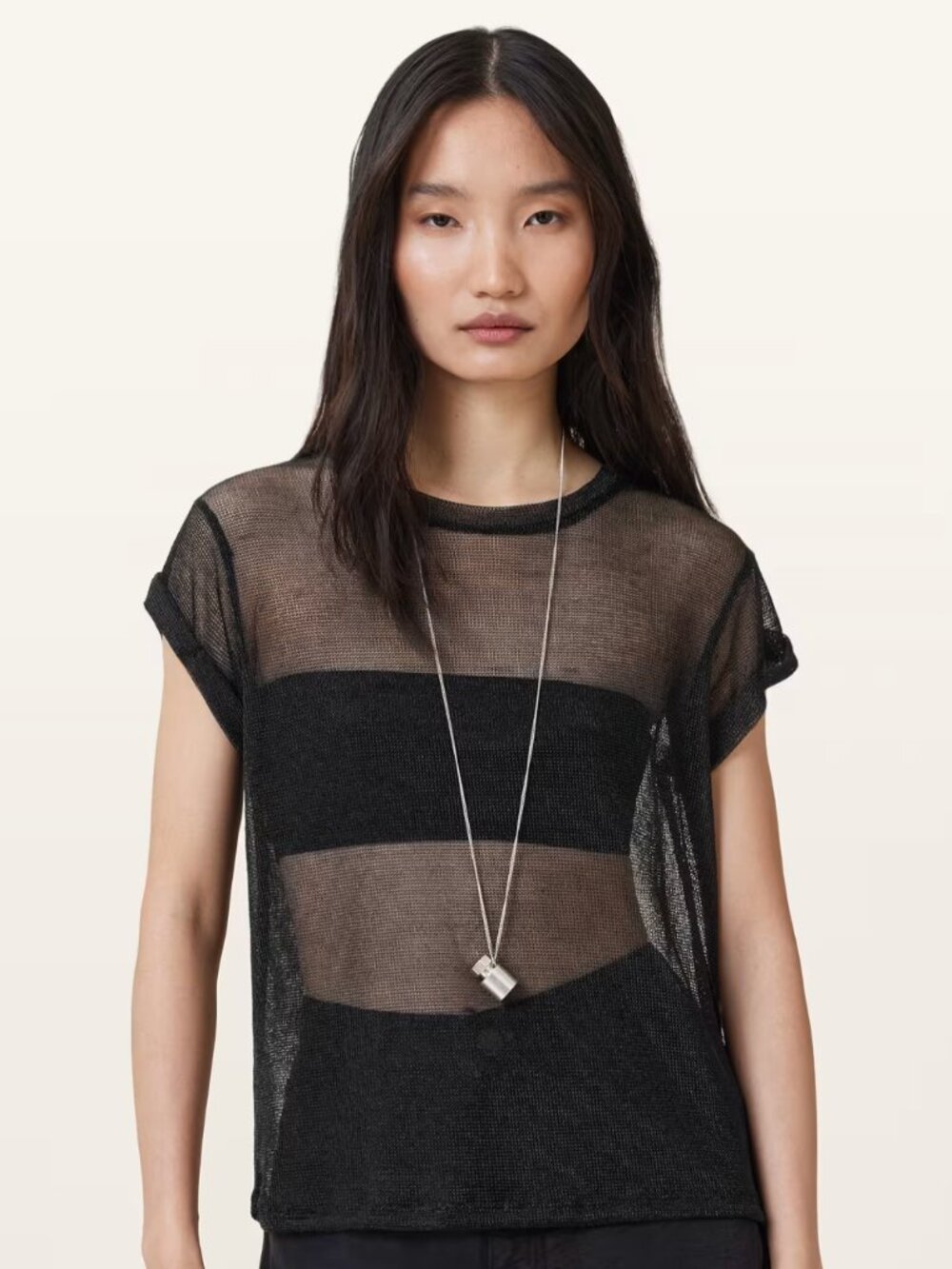ALLSAINTS Thea Sparkle Top Size M Metallic Modern Mesh Party Quiet Luxury Sheer